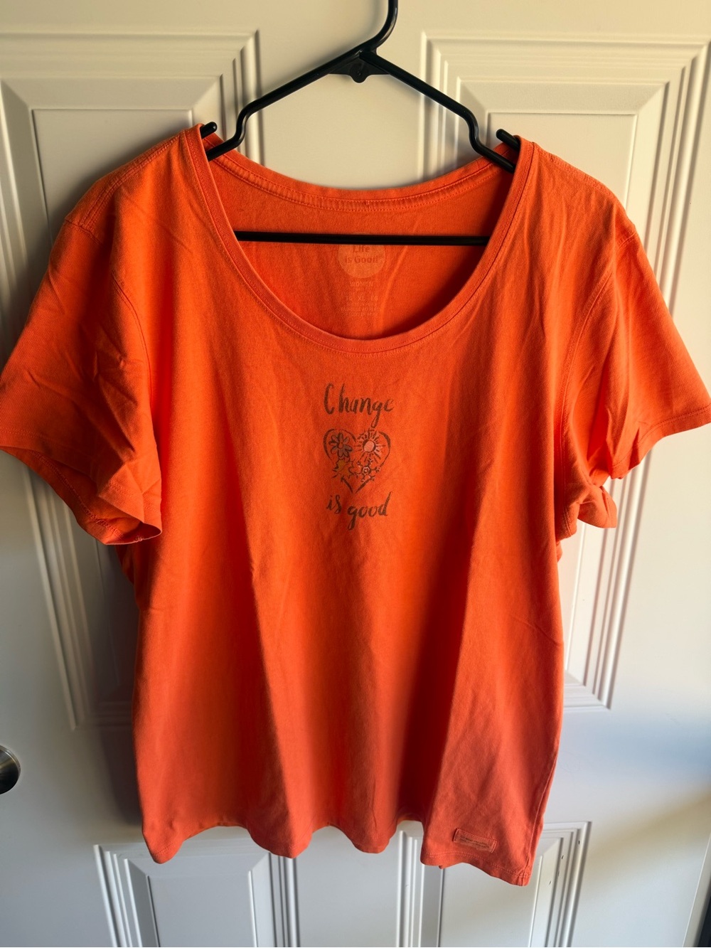 Life Is Good Bright Orange Scoop Neck Tee with Heart Graphic. “Change Is Good”